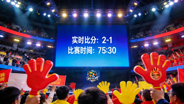 赛事直播现场画面，转播屏幕显示实时比分与比赛时间