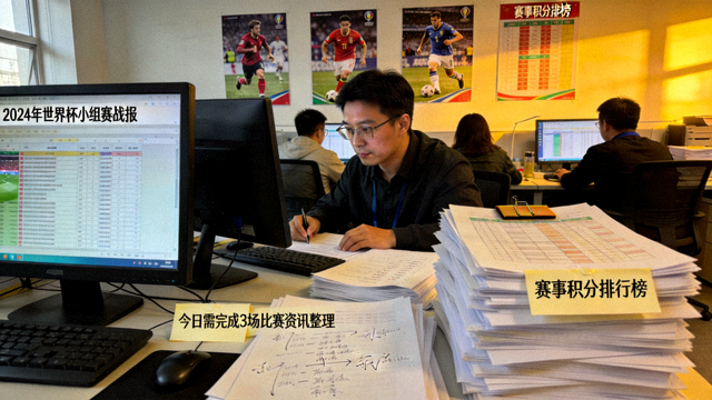 体育新闻编辑部整理赛事资讯与比赛战报的场景